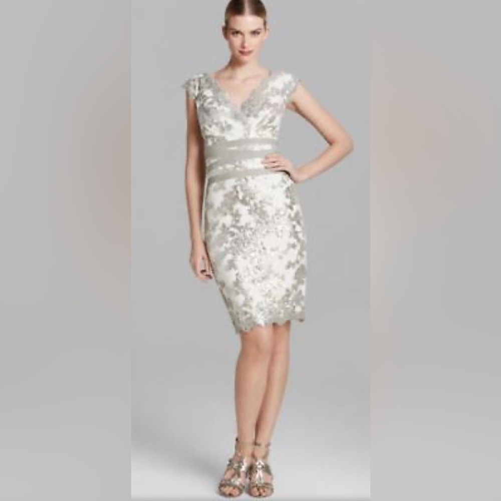 Tadashi Shoji Feather Paillette Embroidered Sequin Lace Banded-Waist Dress - NWT